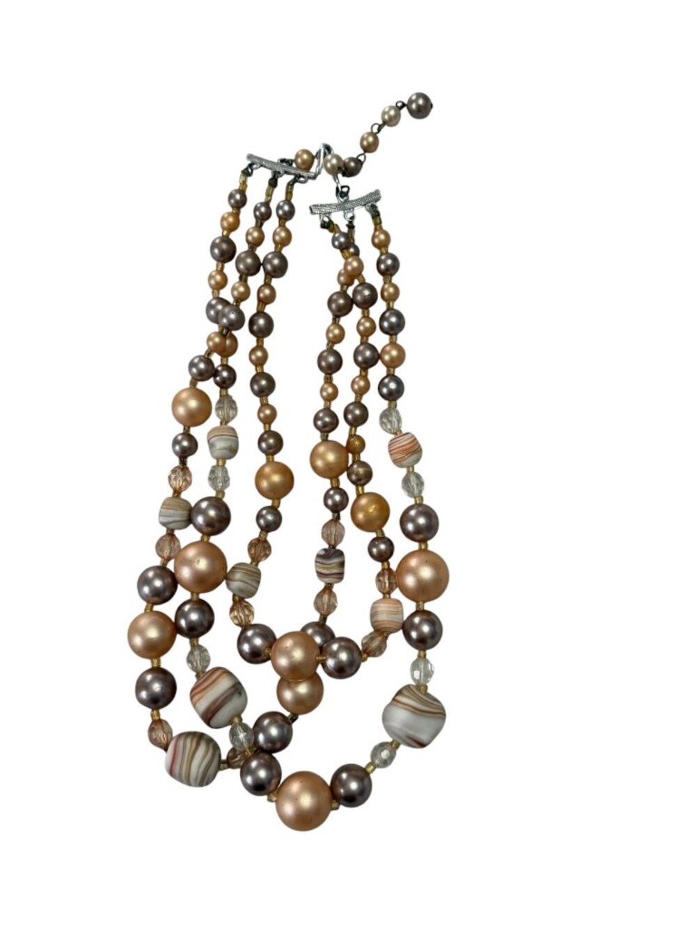 Vintage 1950s Japan Triple Strand Art Glass Faux Pearl Bead Choker Necklace